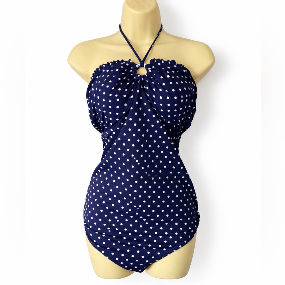 Motherhood Maternity Navy Blue Polka Dot Halter One-Piece Swimsuit